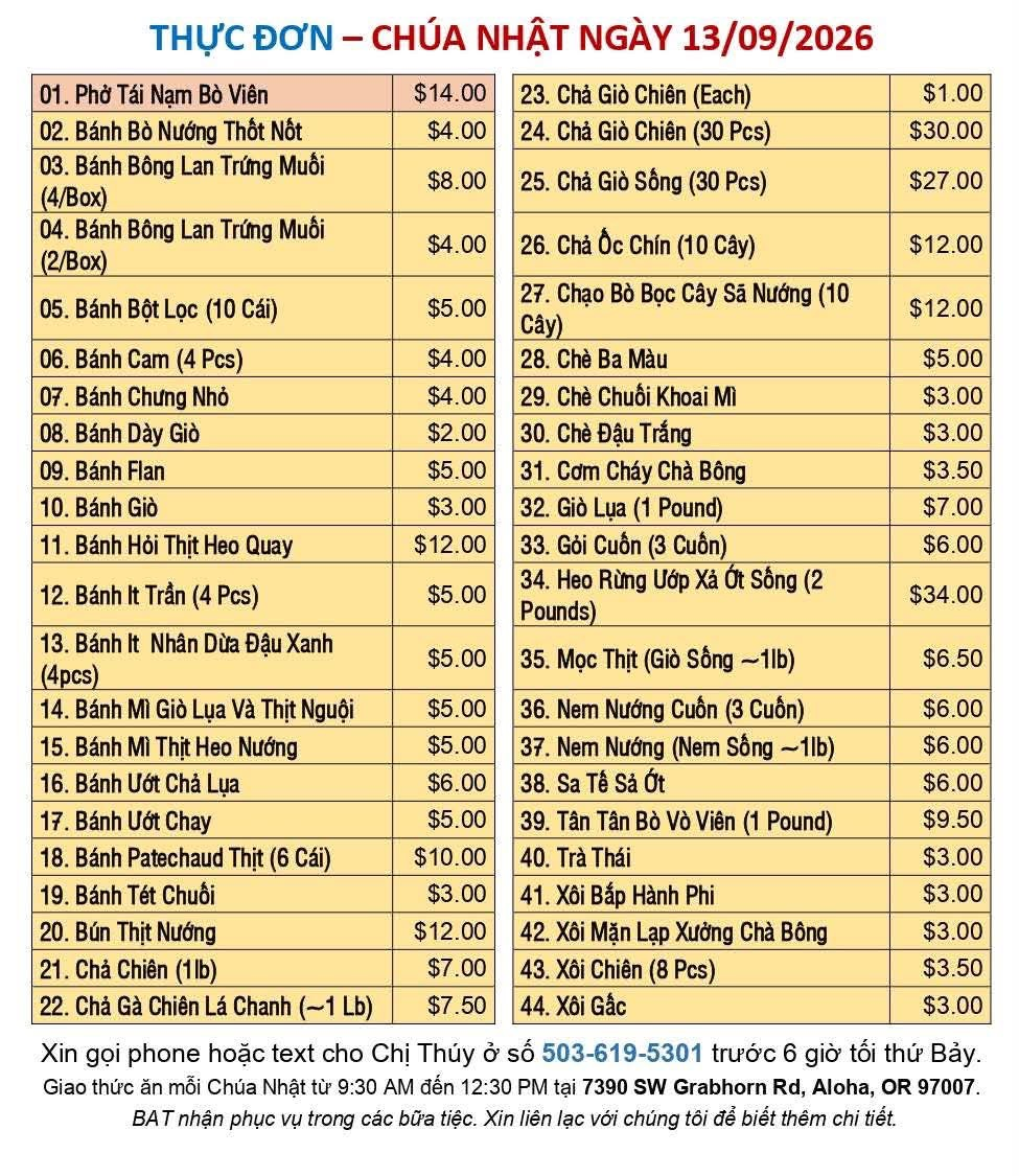 Thực đơn tuần này — Ban Ẩm Thực